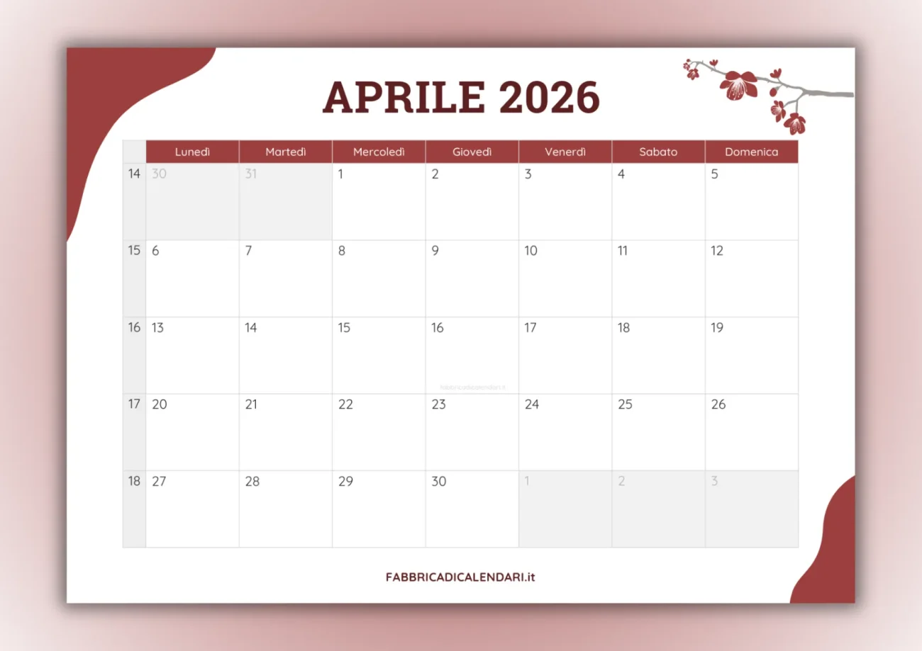calendari mensili aprile 2026 da stampare copertina