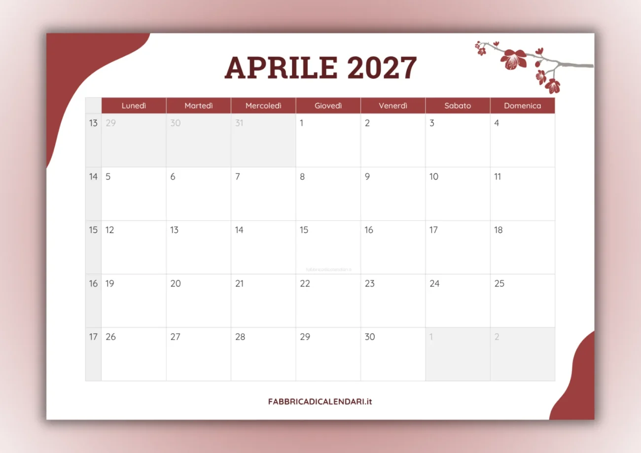 calendari mensili aprile 2027 da stampare copertina