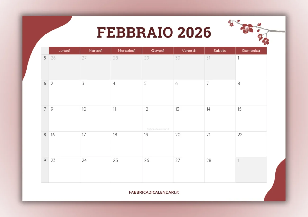 calendari mensili febbraio 2026 da stampare copertina