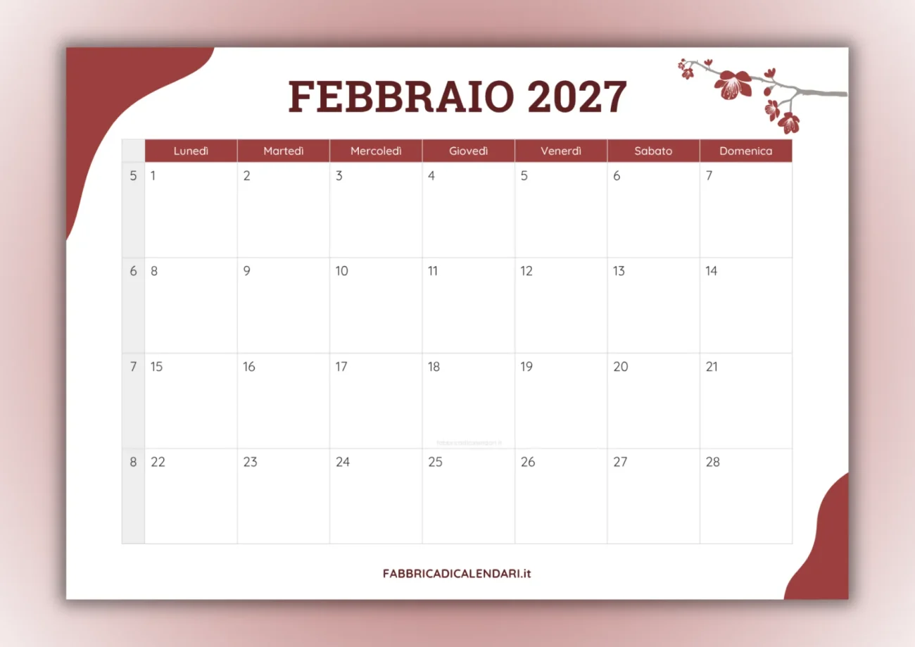 calendari mensili febbraio 2027 da stampare copertina