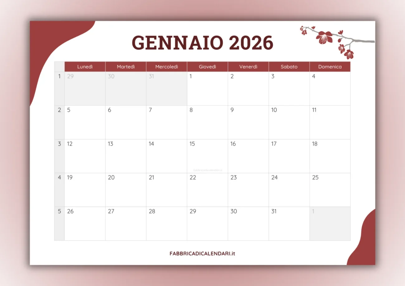 calendari mensili gennaio 2026 da stampare copertina
