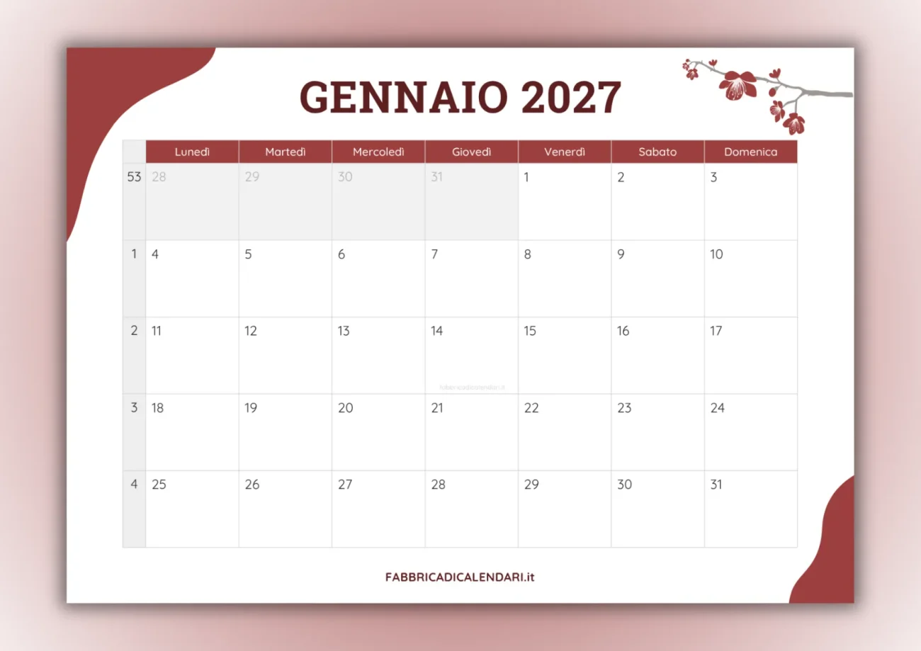 calendari mensili gennaio 2027 da stampare copertina