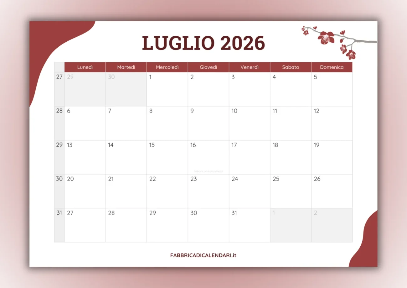 calendari mensili luglio 2026 da stampare copertina