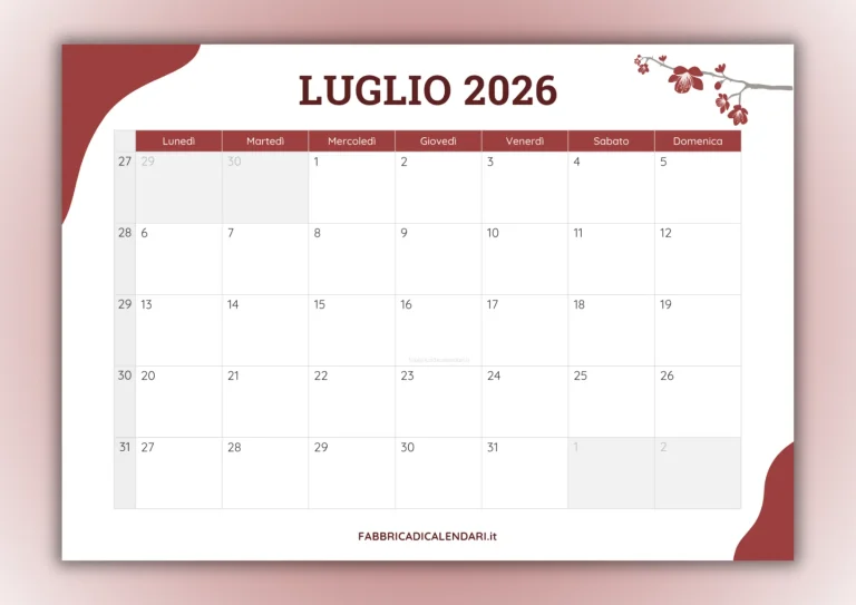 calendari mensili luglio 2026 da stampare copertina