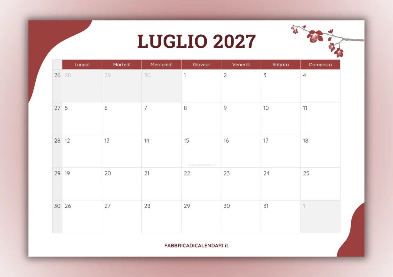 calendari mensili luglio 2027 da stampare copertina