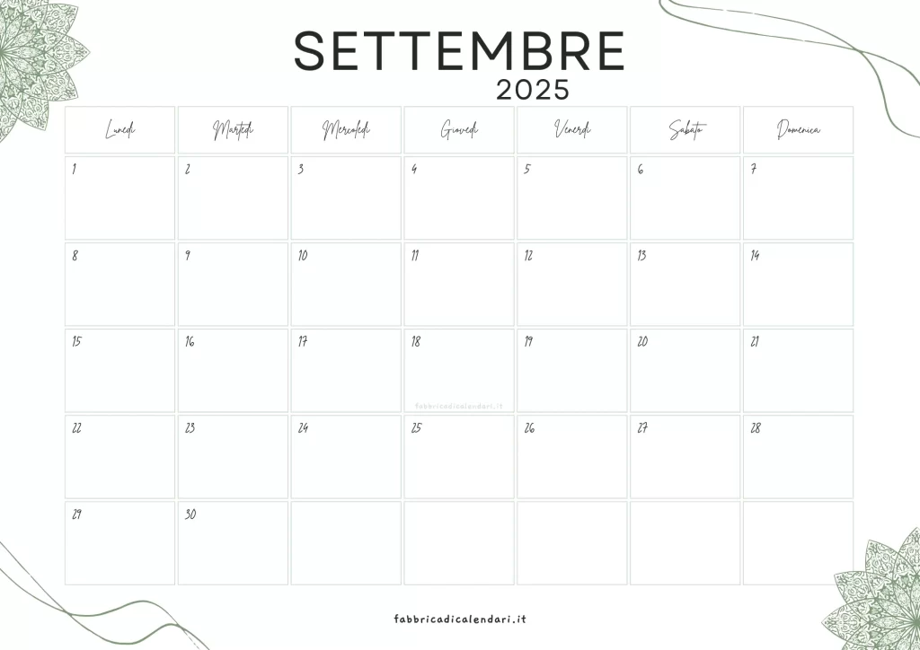 calendario Settembre 2025 pdf