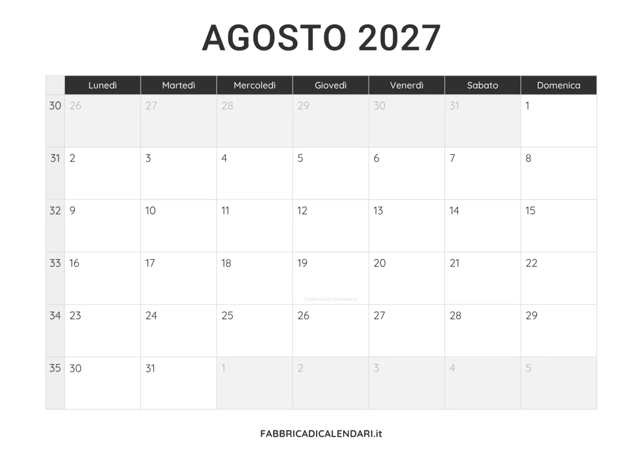 calendario agosto 2027 da stampare minimalista nero