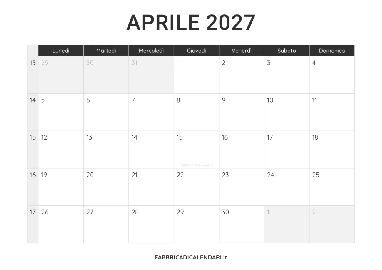 calendario aprile 2027 da stampare minimalista nero