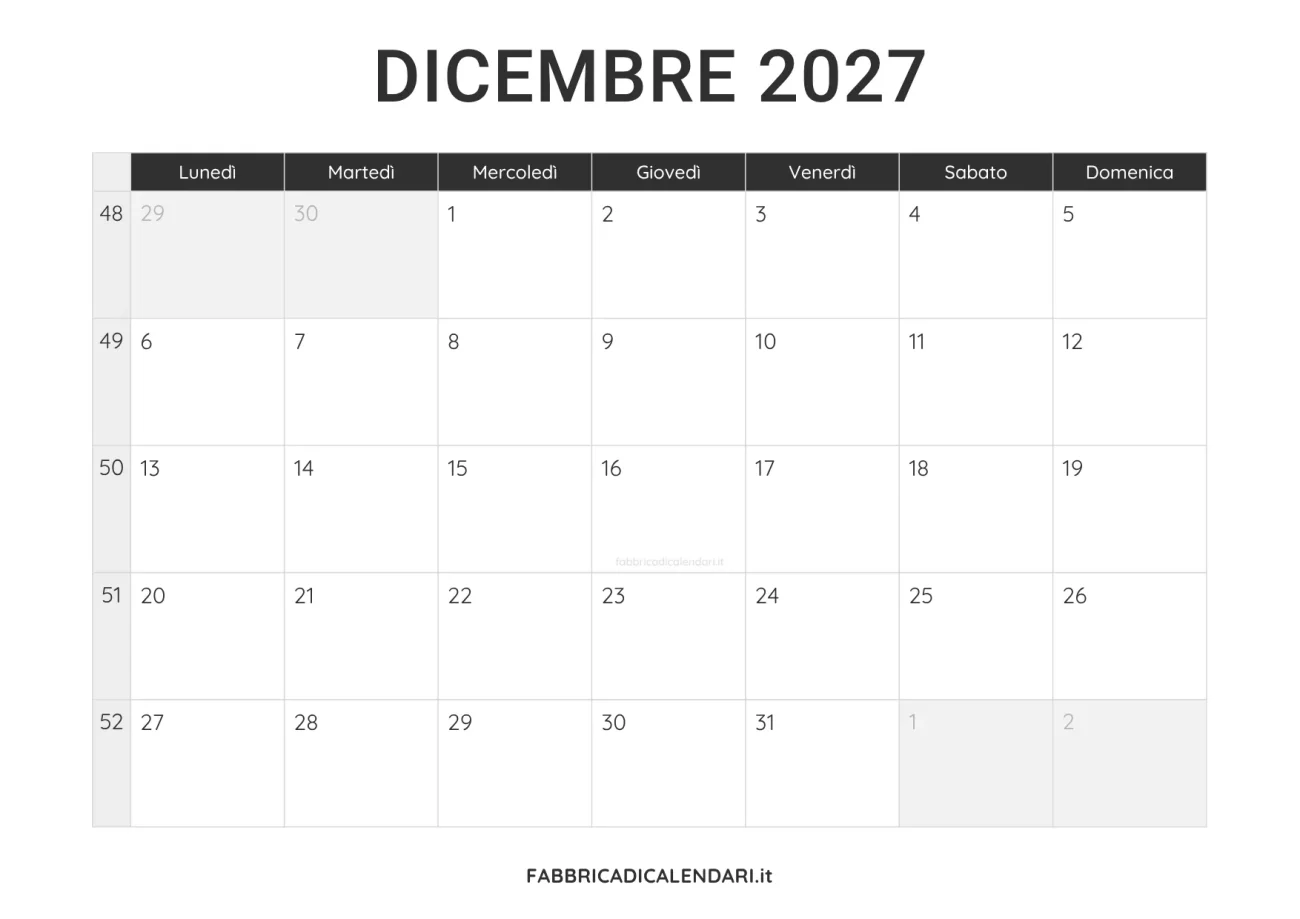 calendario dicembre 2027 da stampare minimalista nero