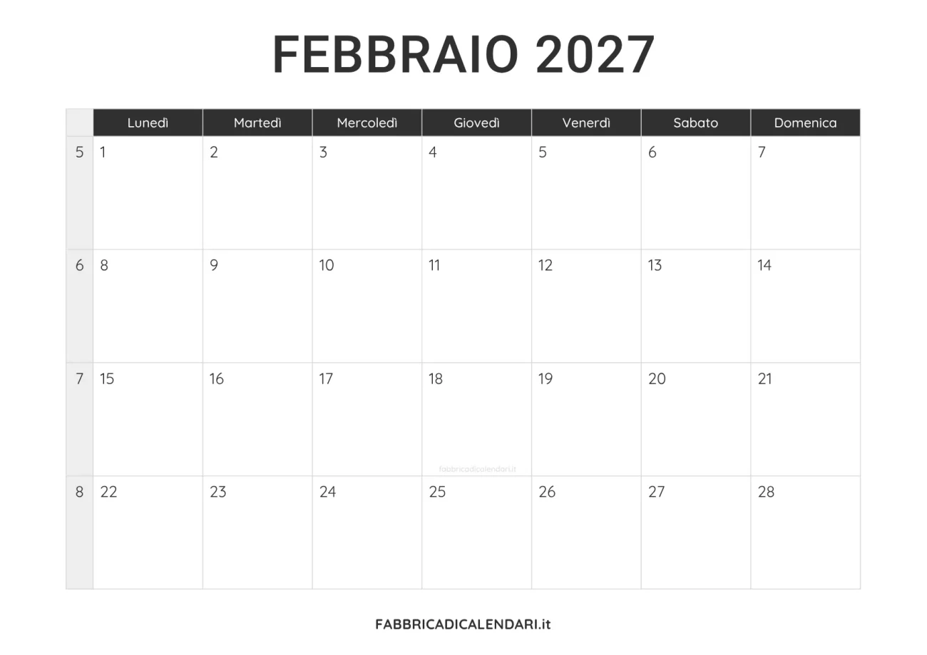 calendario febbraio 2027 da stampare minimalista nero