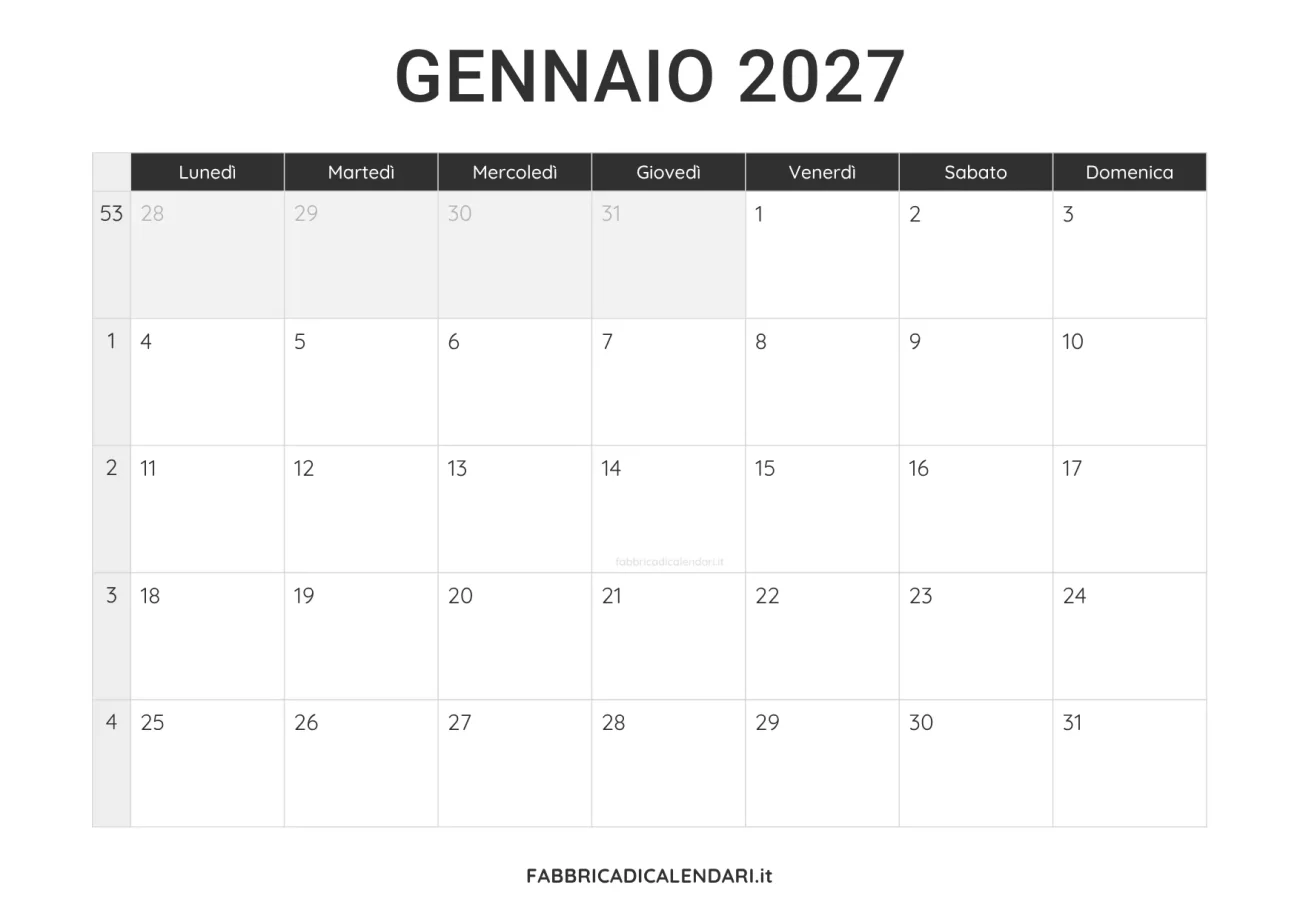 calendario gennaio 2027 da stampare minimalista nero