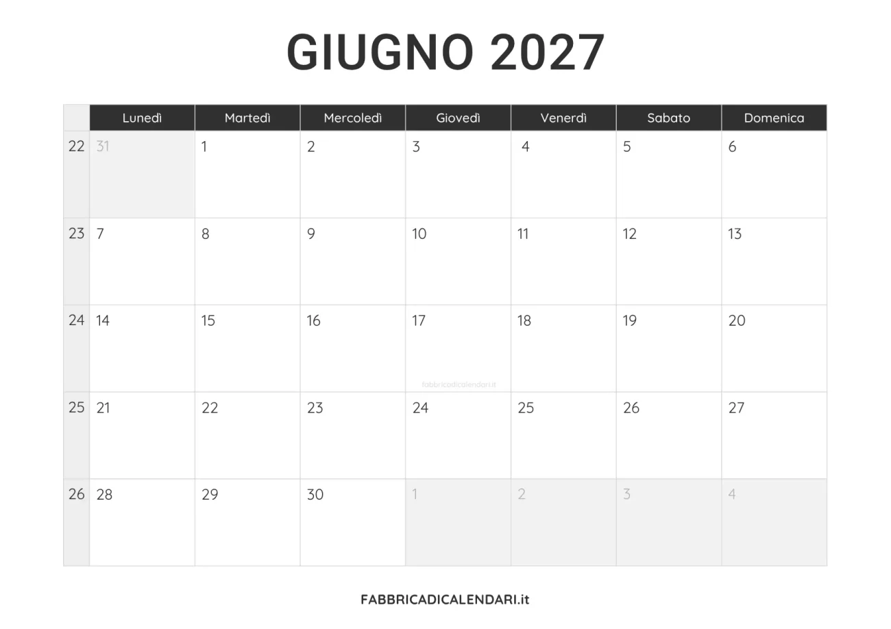 calendario giugno 2027 da stampare minimalista nero