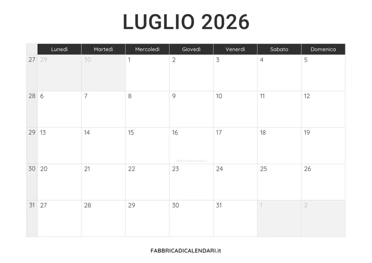 calendario luglio 2026 da stampare minimalista nero