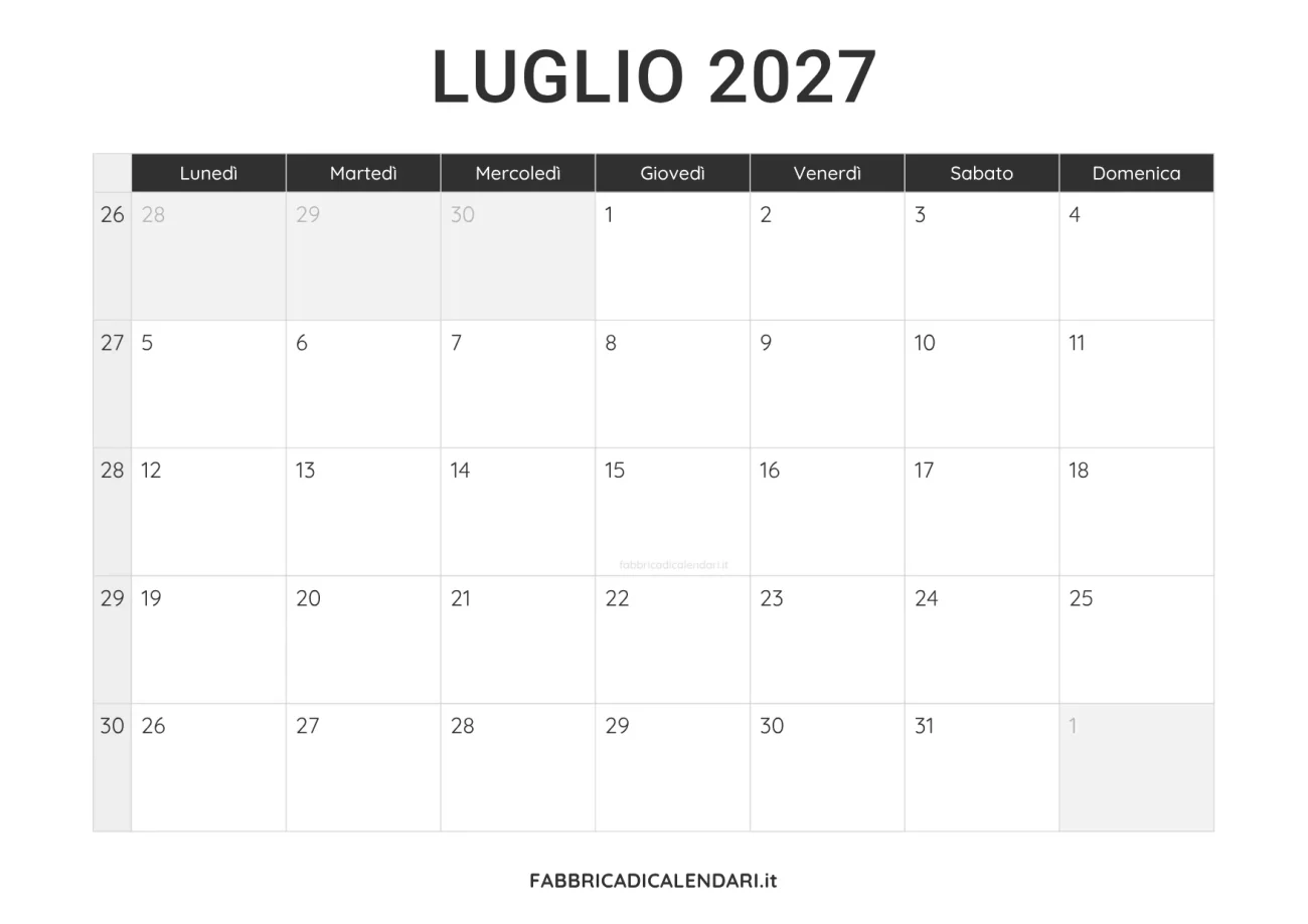 calendario luglio 2027 da stampare minimalista nero