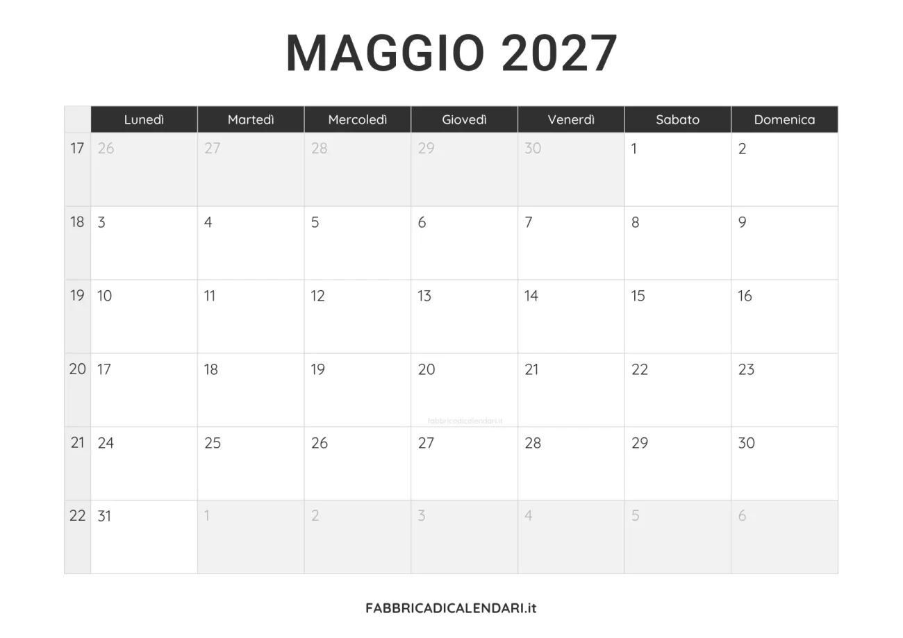 calendario maggio 2027 da stampare minimalista nero