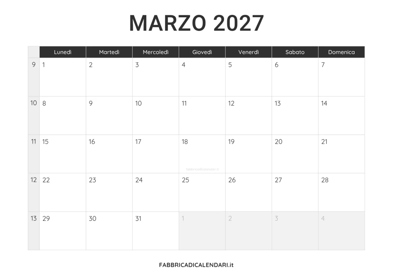 calendario marzo 2027 da stampare minimalista nero