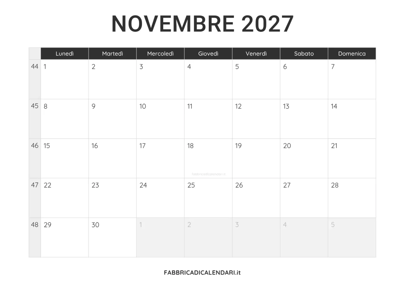 calendario novembre 2027 da stampare minimalista nero
