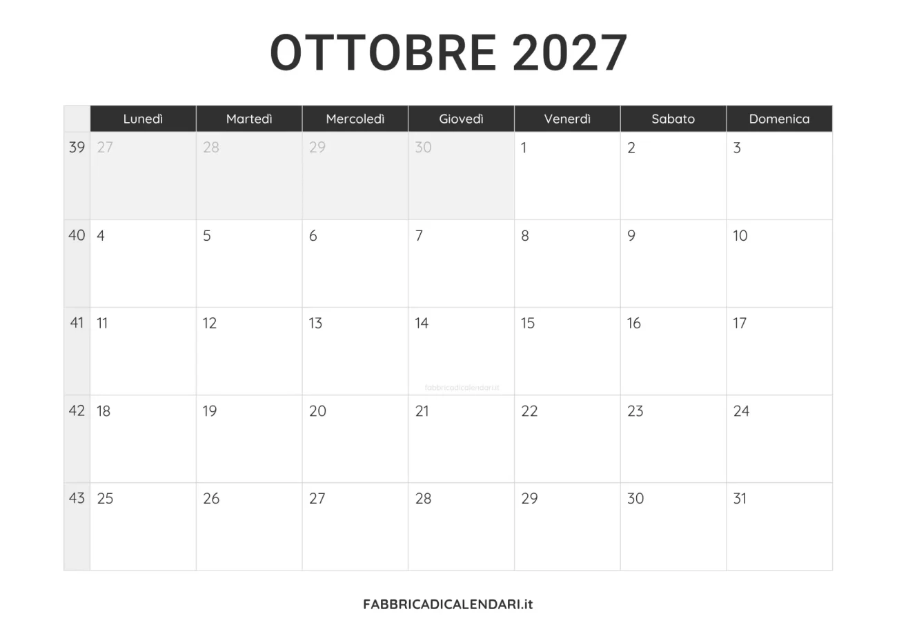 calendario ottobre 2027 da stampare minimalista nero
