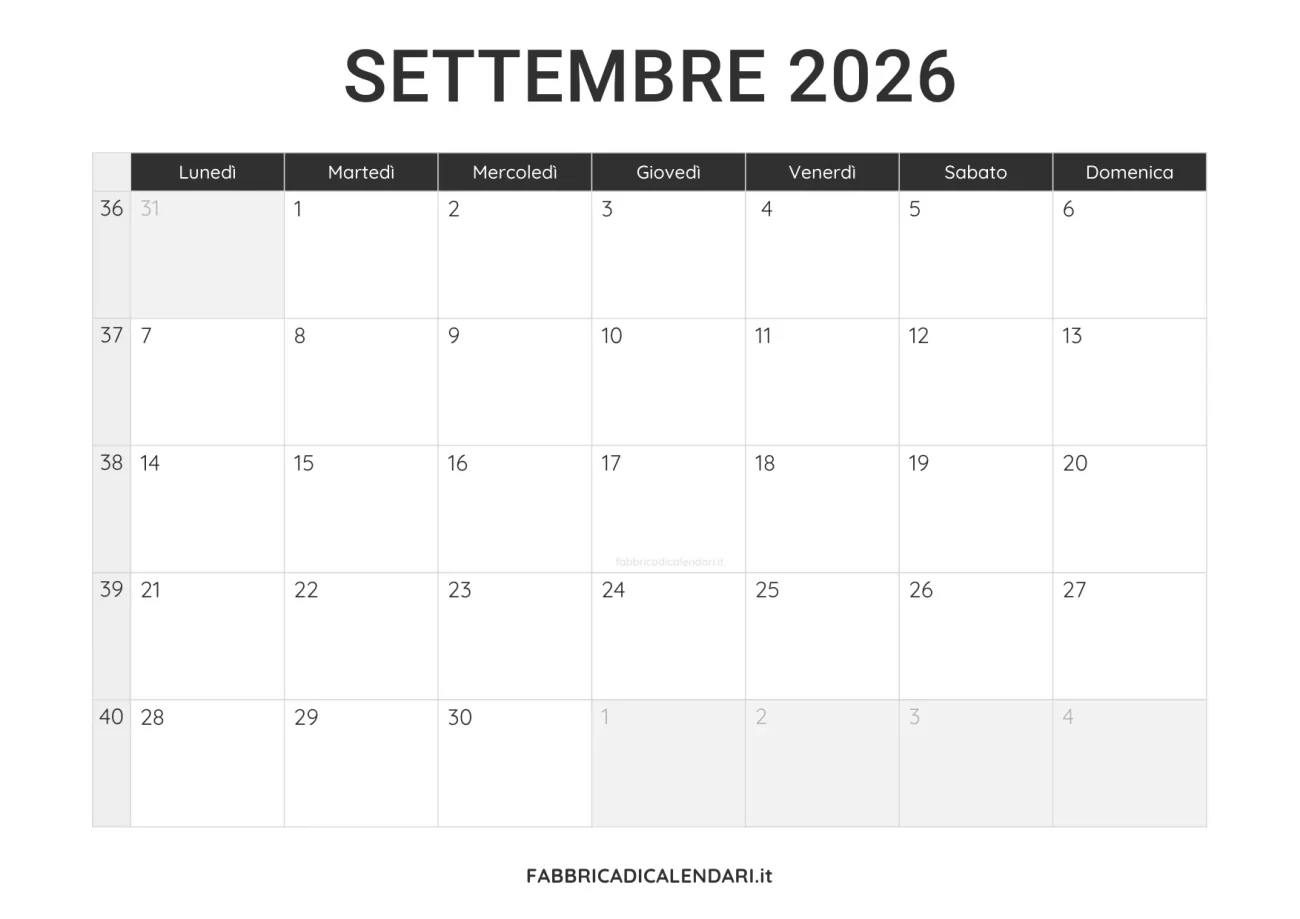 calendario settembre 2026 da stampare minimalista nero