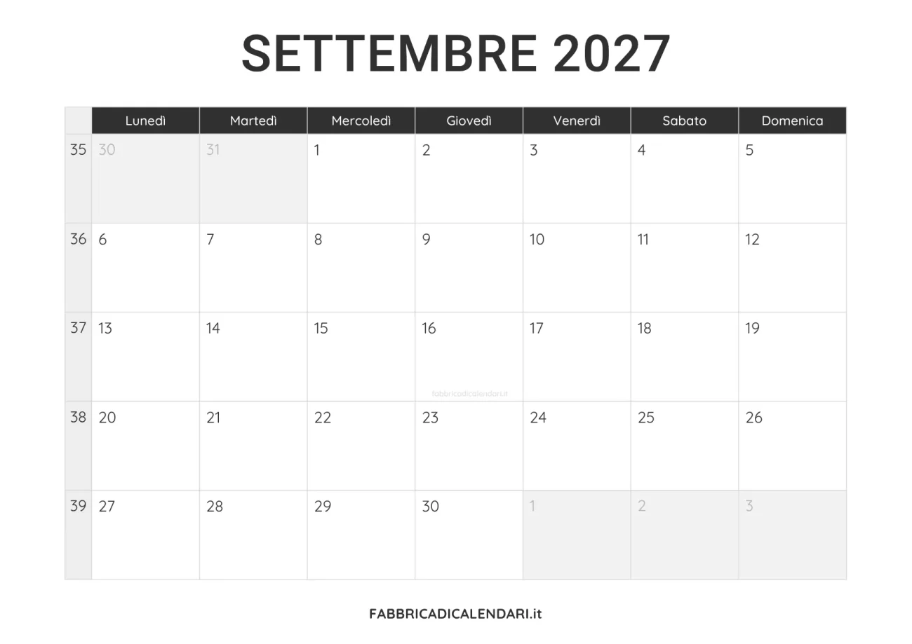 calendario settembre 2027 da stampare minimalista nero