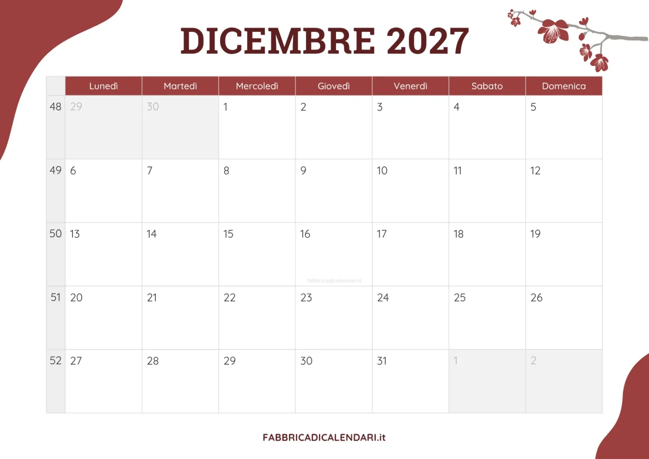 planner mensile dicembre 2027 floreale joli da scaricare