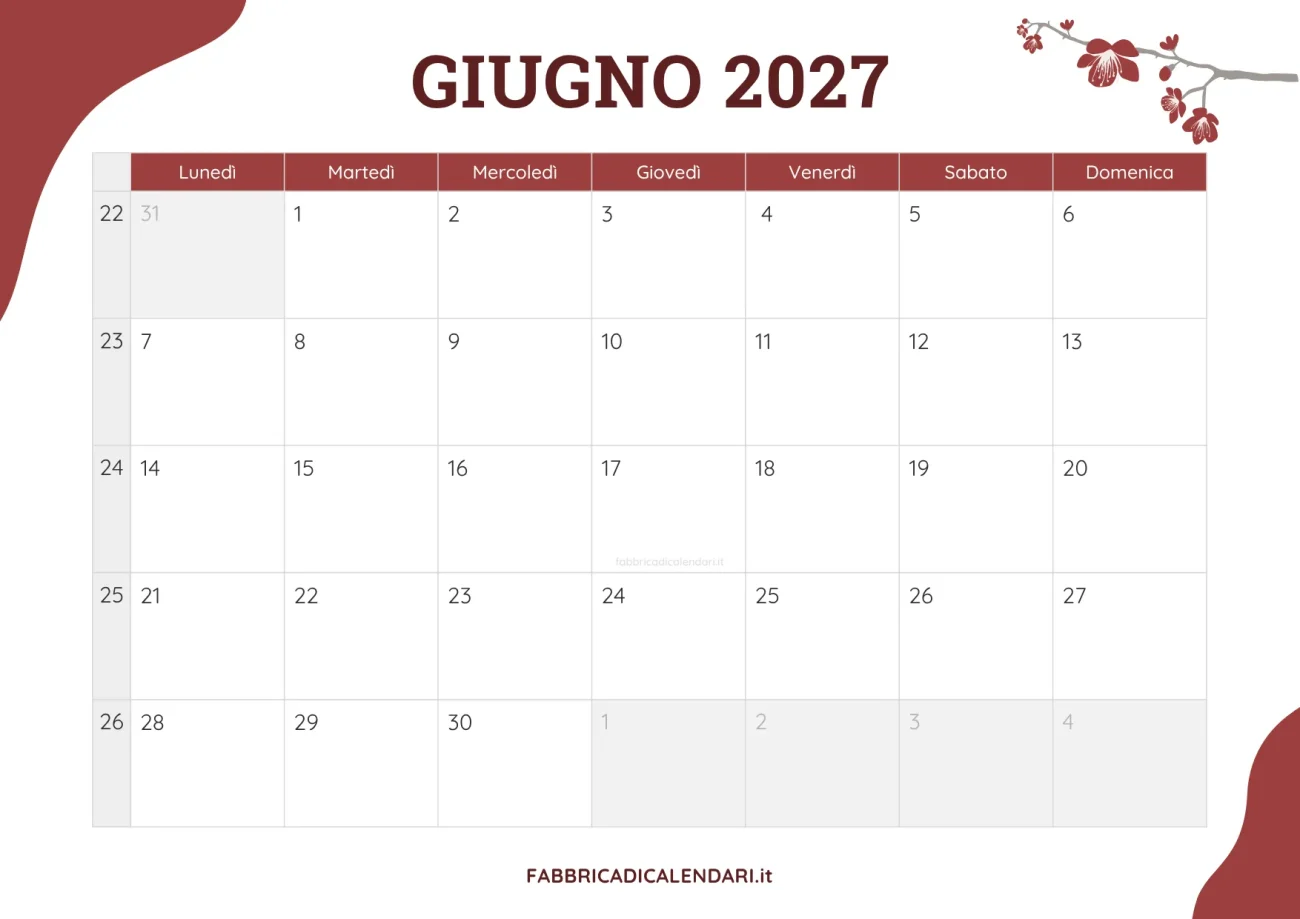 planner mensile giugno 2027 floreale joli da scaricare