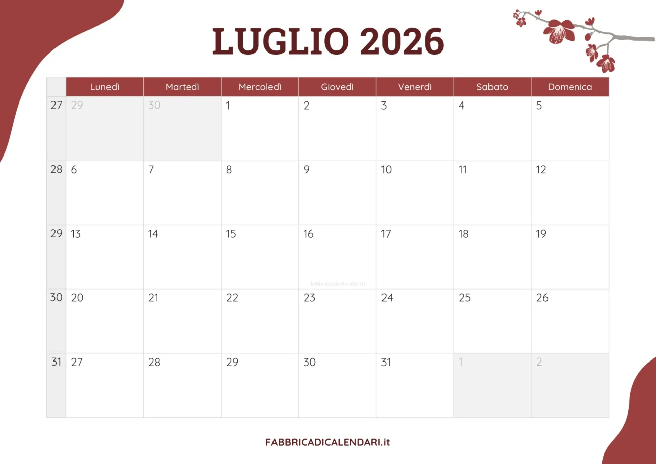 planner mensile luglio 2026 floreale joli da scaricare