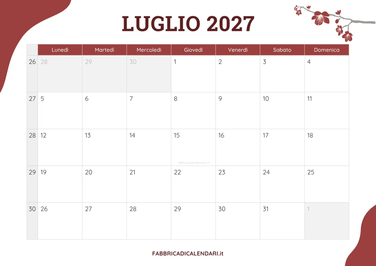 planner mensile luglio 2027 floreale joli da scaricare