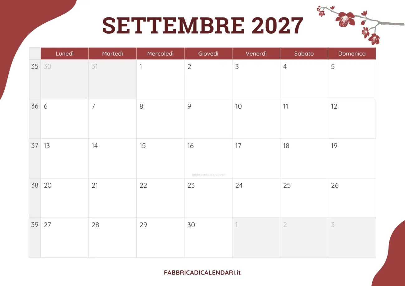 planner mensile settembre 2027 floreale joli da scaricare